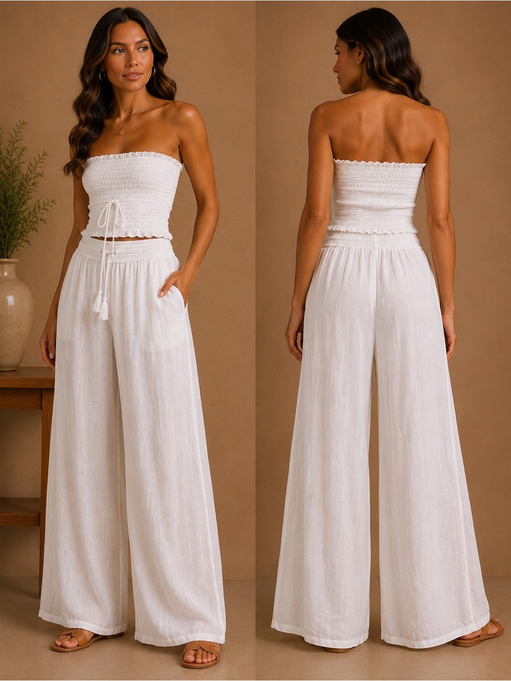 Joan Vass White Smocked Wide-Leg Pants